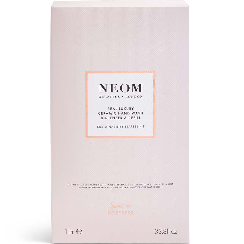 NEOM Organics Real Luxury Ceramic Hand Wash Dispenser &amp; Refill showing pink packaging
