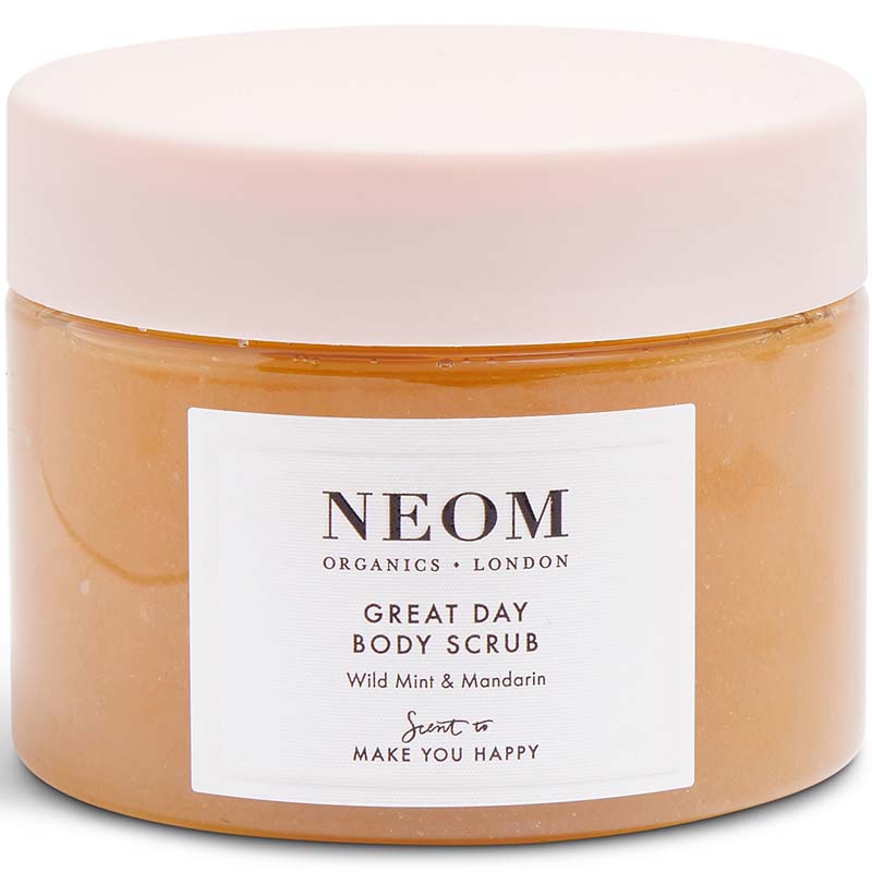 NEOM Organics Great Day Body Scrub showing packaging with lid