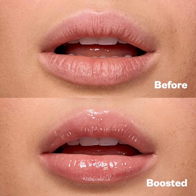 Kosas Cosmetics Plump & Juicy Lip Collagen Booster showing a before product used and after 