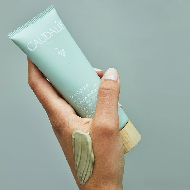 Caudalie Vinopure Purifying Mask showing smear on hand