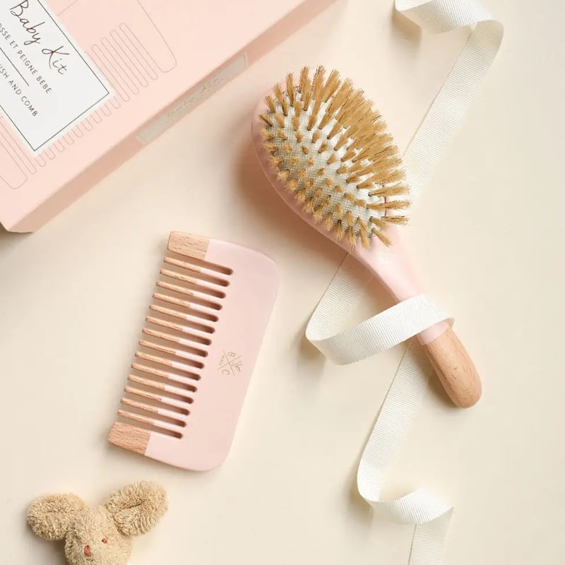 Bachca Baby Kit Hairbrush and Comb – Pink showing pink brush and pink comb