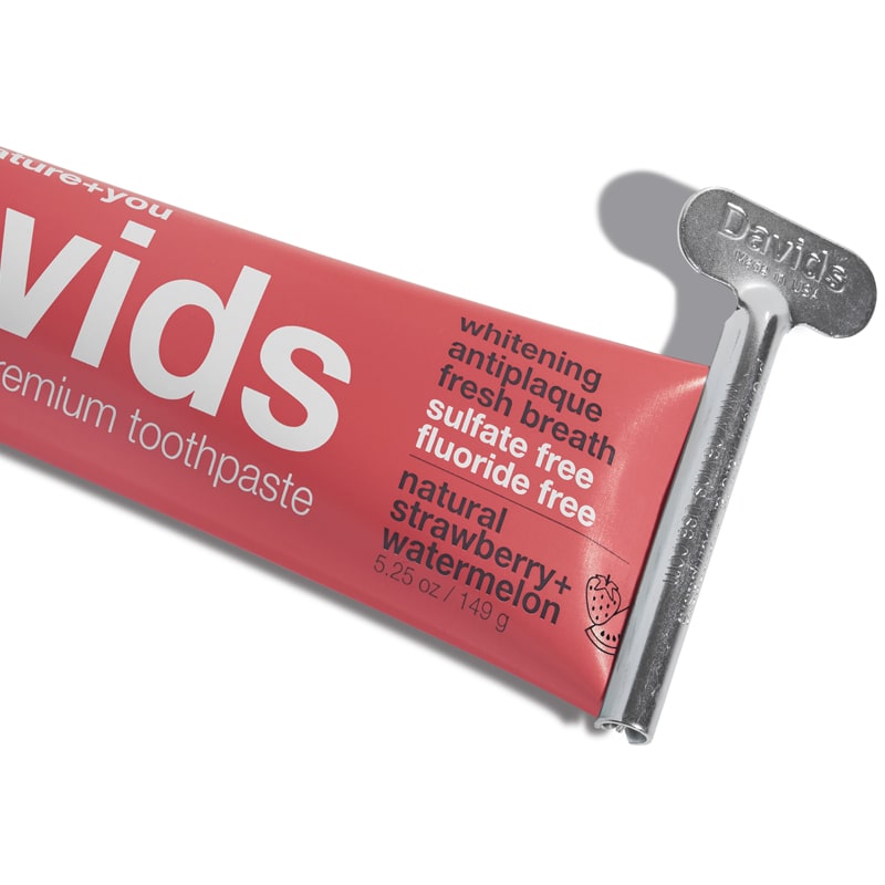 Davids Premium Toothpaste - Kids + Adults Strawberry Watermelon showing silver squeezer