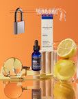 Odacite Vitamin C & E + Hyaluronic Acid Brightening Serum beauty shot with orange background and lemons