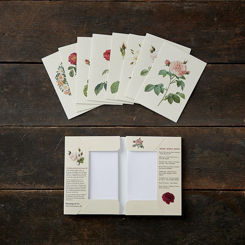 Koustrup & Co. Old Roses Cardfolder showing all 8 cards outside of folder