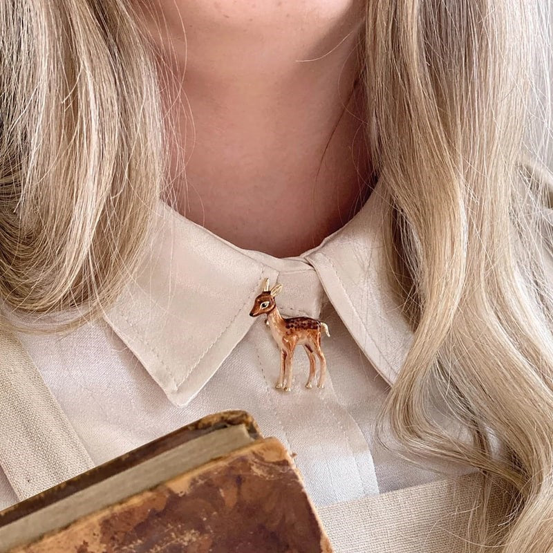 Fable England Enamel Fawn Brooch - Product shown on models blouse. 