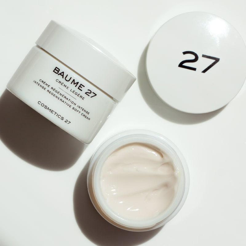 Cosmetics 27 Baume 27  Intense Regenerative Soft Cream jar displayed closed with lid on and open with lid off