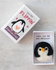 Marvling Bros Ltd You're Flippin' Fantastic Wool Felt Penguin In A Matchbox showing open matchbox and penguin inside