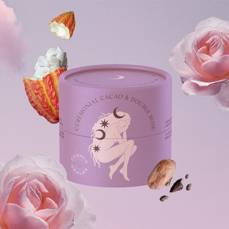 Cosmic Dealer Cacao Tea – Ceremonial Cacao & Double Rose - Beauty shot product shown with roses