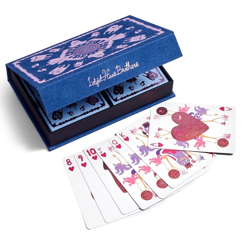 L&#39;Objet Haas Playing Cards - Blue - Product shown open next cards