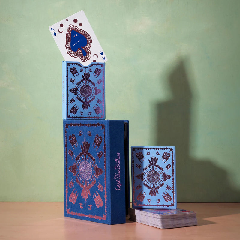 L&#39;Objet Haas Playing Cards - Blue - Product box displayed with cards