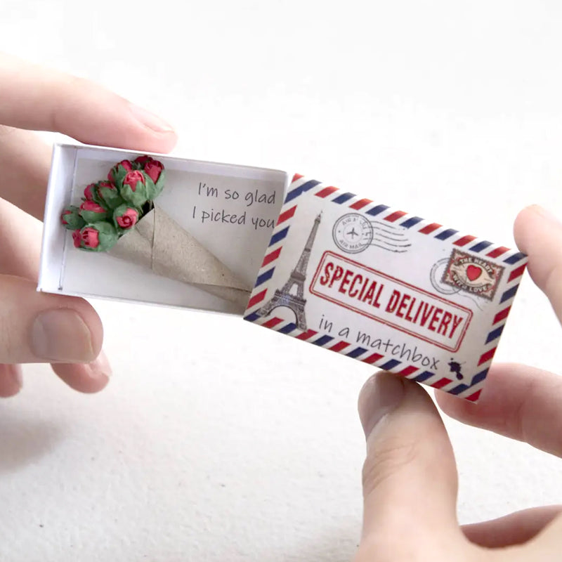 Marvling Bros Ltd Special Delivery Picked You Mini Bouquet in a Matchbox - Product displayed in models hands