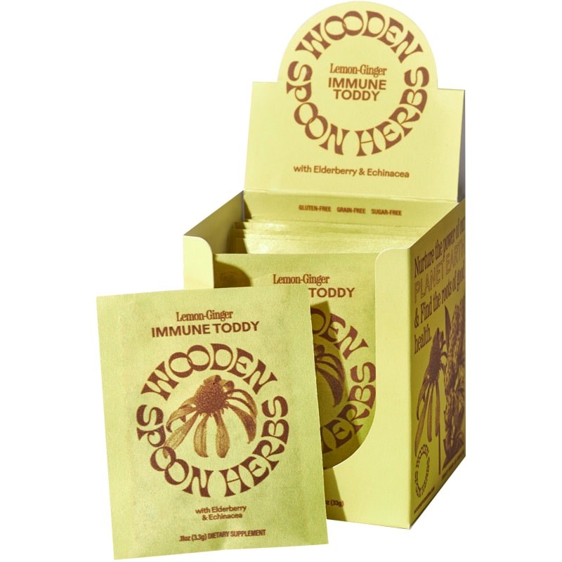 Wooden Spoon Herbs Lemon Ginger Immune Toddy Sachets - Product shown next to box