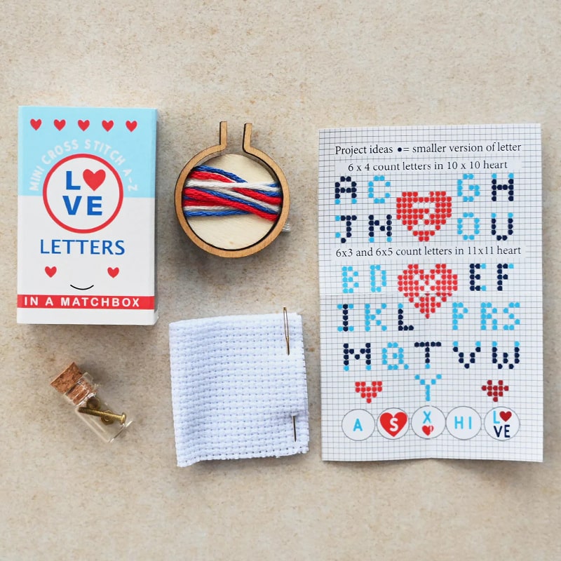 Marvling Bros Ltd Love Letters Mini Hoop Cross Stitch - All product pieces displayed next to box
