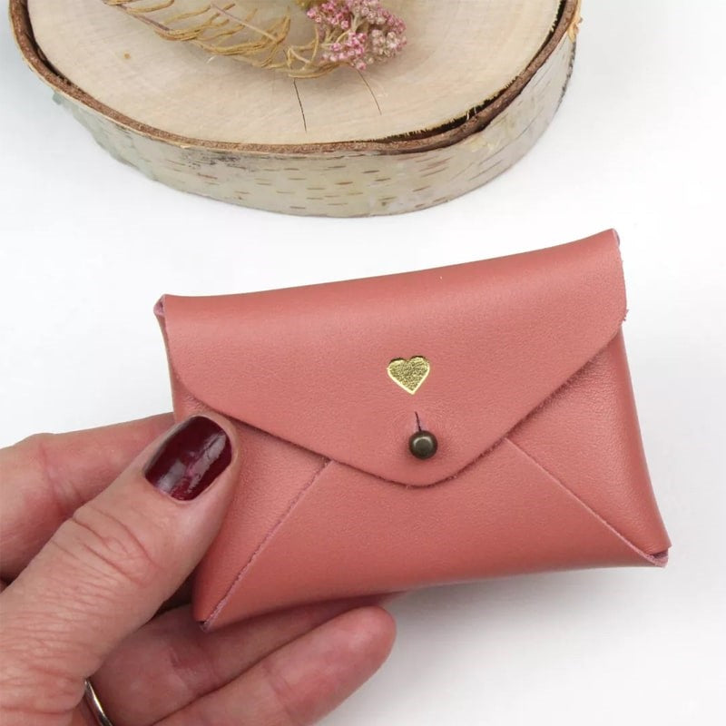 Barnabe Aime Le Cafe Mini Leather Heart Pouch – Pampa - Product shown in models hand