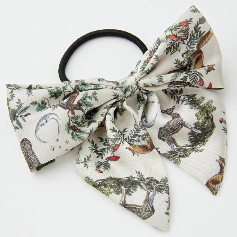 Fable England A Night&#39;s Tale - Grey Woodland Scene Scrunchie + Bow Set - Bow shown on white background