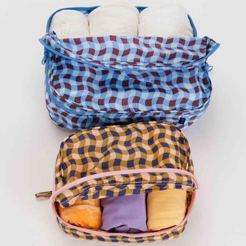 Baggu Packing Cube Set - Wavy Gingham - open cases with towels inside