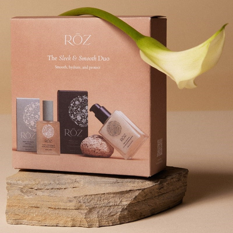 ROZ The Sleek & Smooth Duo - lifestyle of box on top of rock with a plant on top