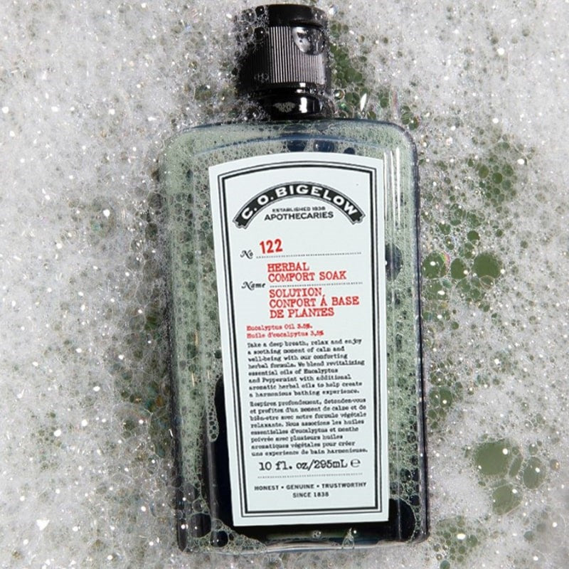 C.O. Bigelow Herbal Comfort Soak No.122- Product shown surrounded by bubbles