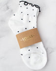 Tiepology Cute Ruffled Ankle Socks - Product shown on marble background