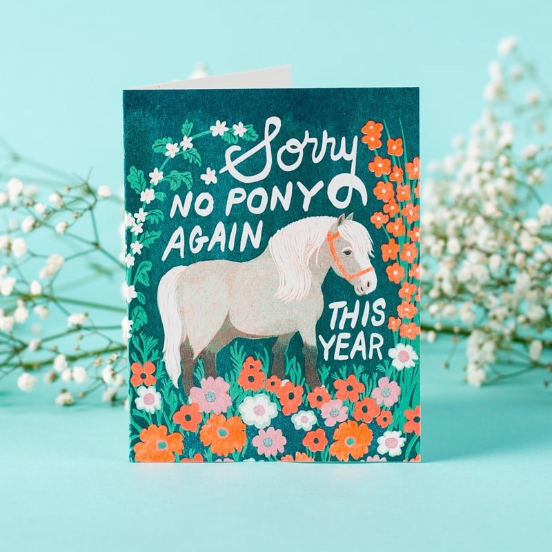 Bromstad Printing Co. No Pony Birthday Risograph Greeting Card - Product shown with flowers in the background