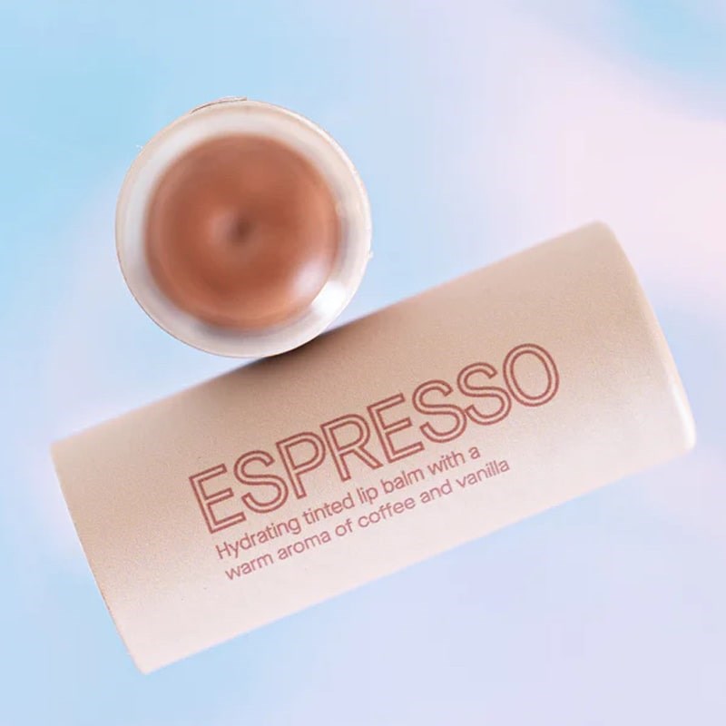 Pink House Organics Lip Tint - Espresso - top view of lip balm and side view of cap