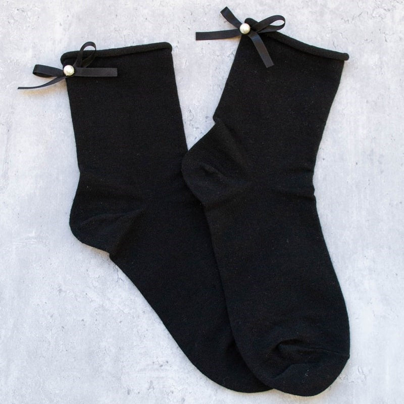 Tiepology Romantic Ribbon Pearl Socks - Black- Product shown on concrete