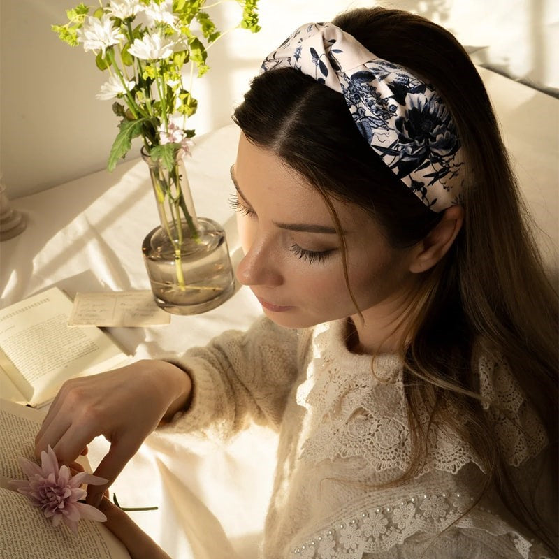 Fable England Alice Head Band - Blooming Blue - Product shown in models hair