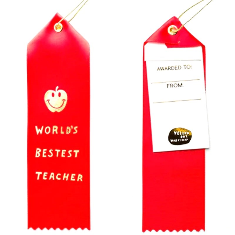 Yellow Owl Workshop Award Ribbon - World&#39;s Bestest Teacher - Front and back of product shown 