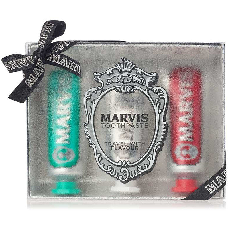 Marvis Travel with Flavor Toothpaste Trio (3 x 1.3 oz) shown in box - Includes: Whitening Mint, Classic Mint, Cinnamon Mint