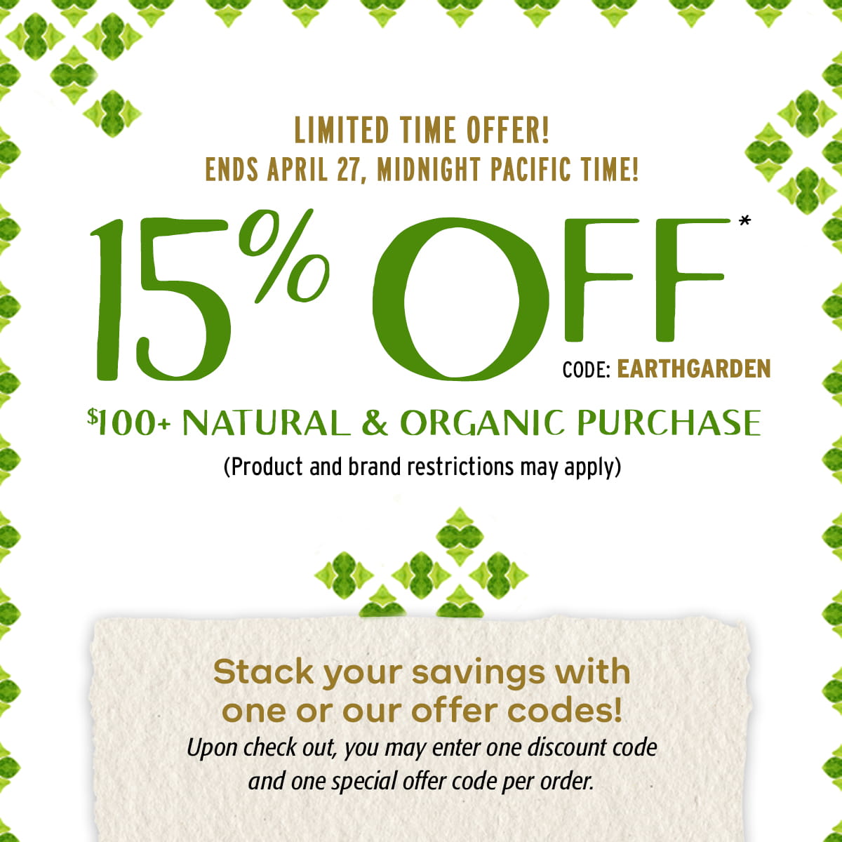 Image of 15% Off with $100+ purchase in Natural & Organic Category only - details below