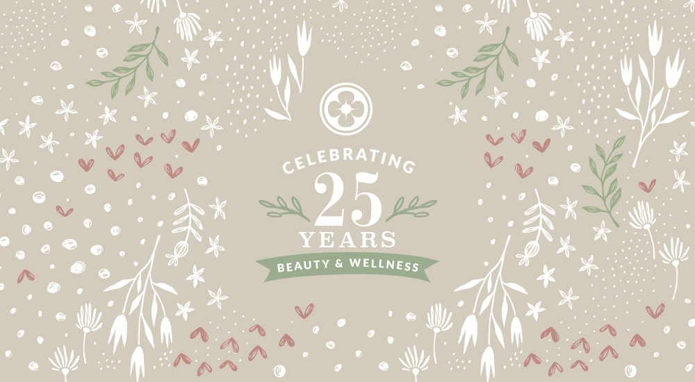 Banner with seasonal art and Beautyhabit Celebrating 25 Years of Beauty & Wellness Logo