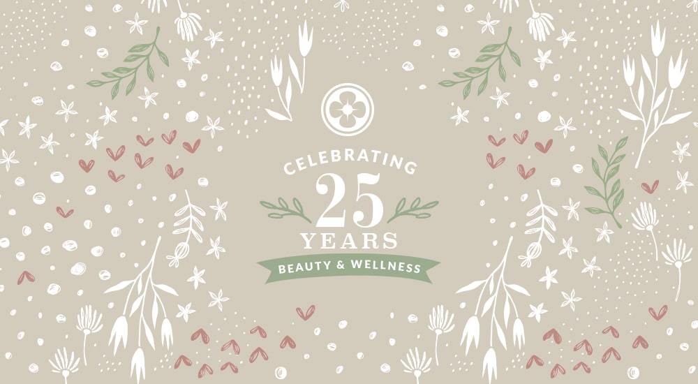 Celebrating the Sun banner with seasonal art and Beautyhabit Celebrating 25 Years of Beauty & Wellness Logo