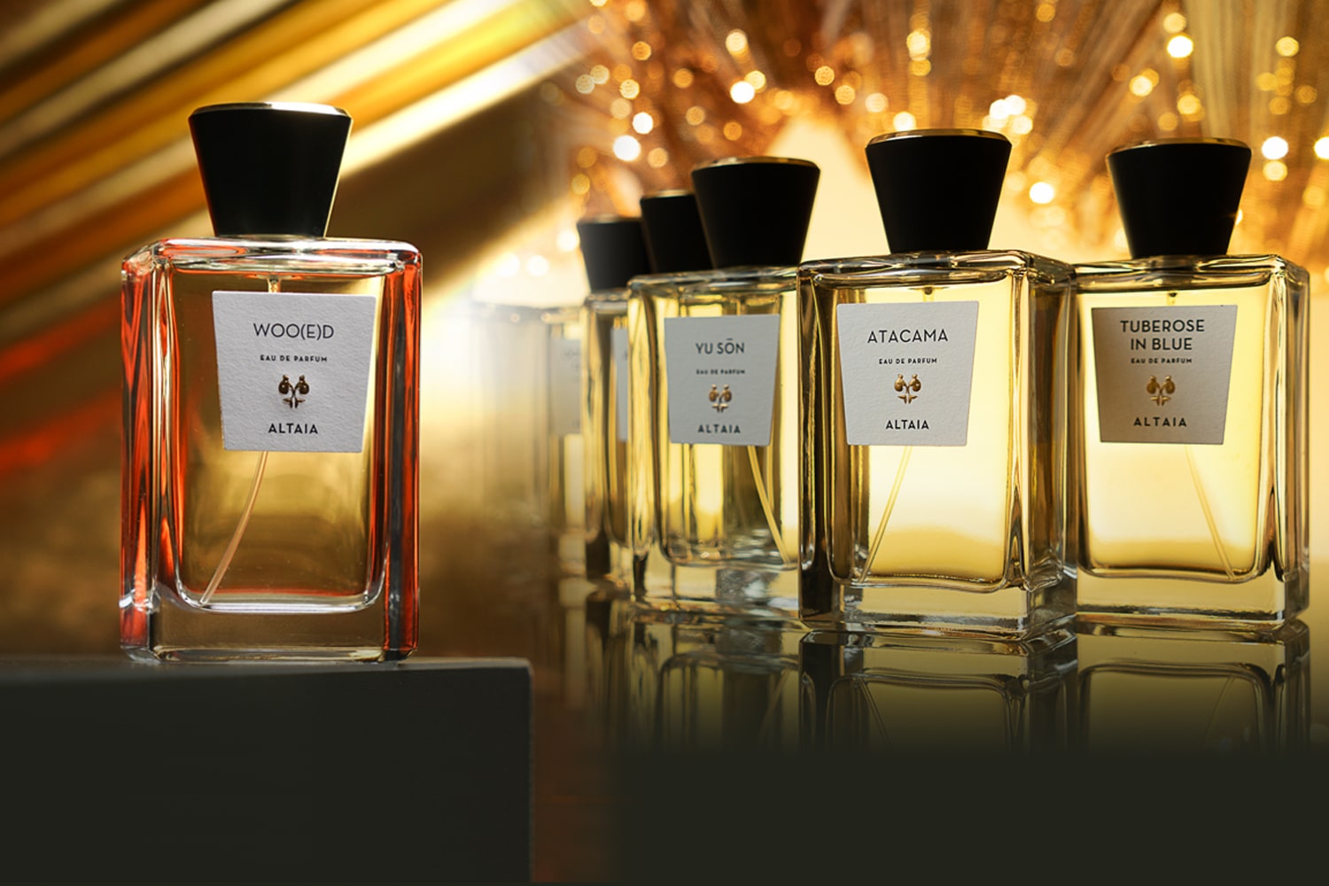 ALTAIA founders Marina Sersale and husband Sebastián Alvarez Murena shown sampling scents and doing historical research, and a group shot of a variety of their fragrances