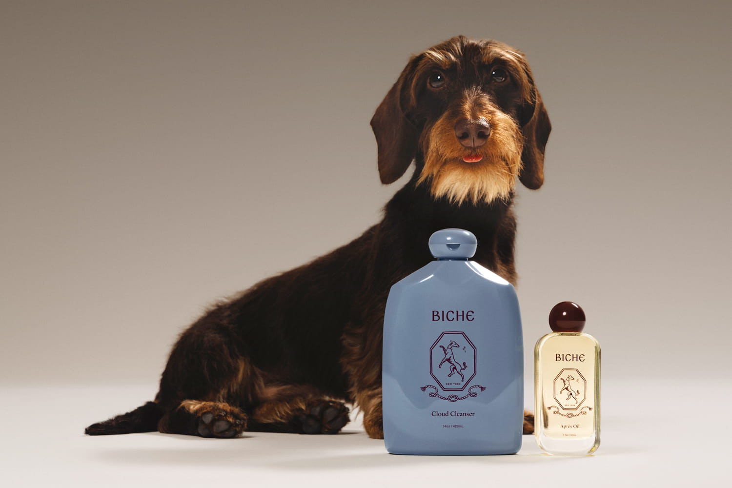 Biche Cloud Cleanser For Dogs and Apres Oil For Dogs with dog in the background