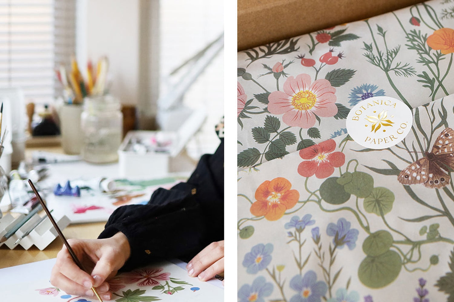 Botanica Paper Co. artist hand painting an illustration and sample of Botanica Paper Co. tissue paper