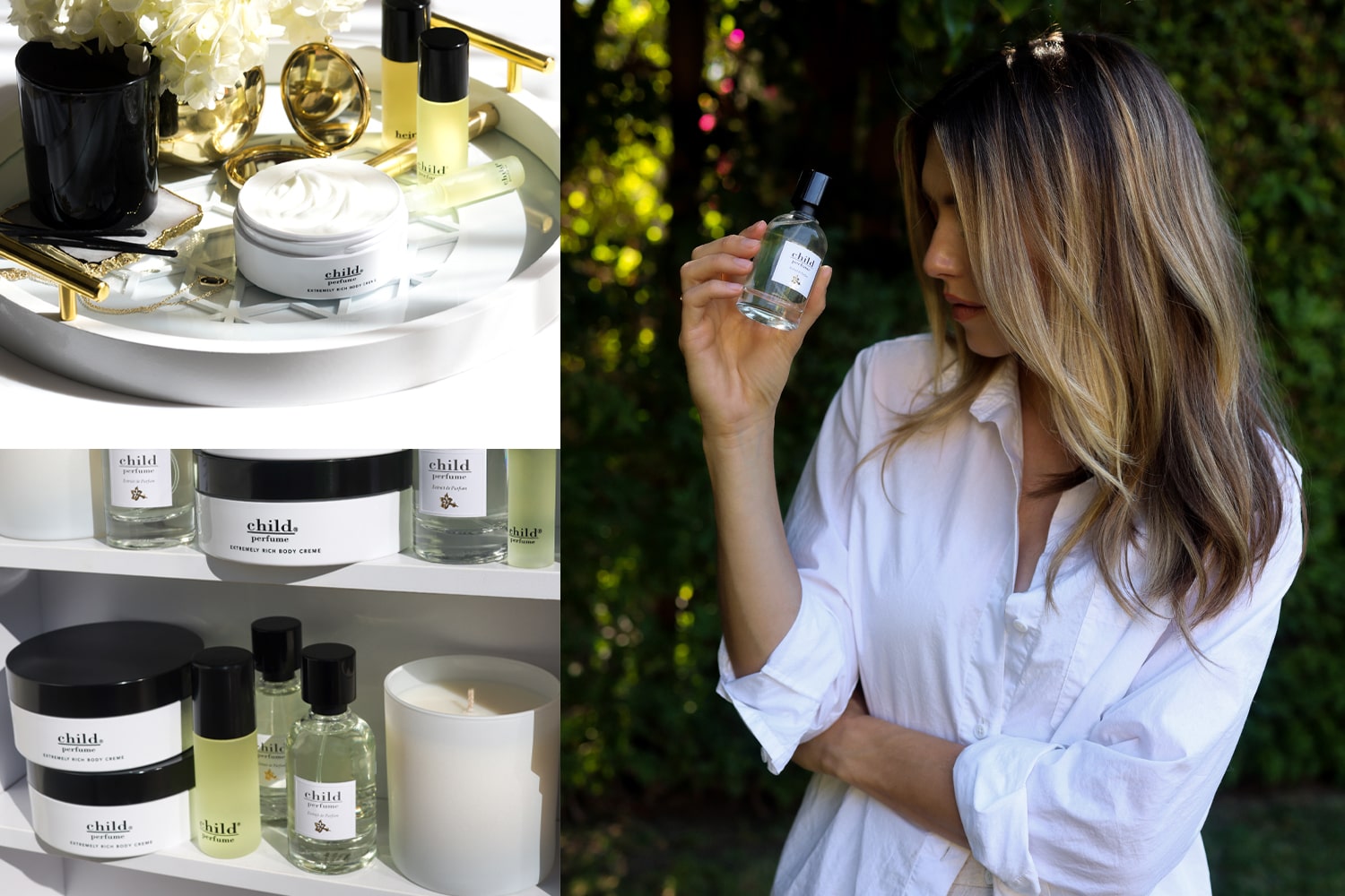 Lifestyle shots of Child Perfume products and model holding limited edition extrait de parfum