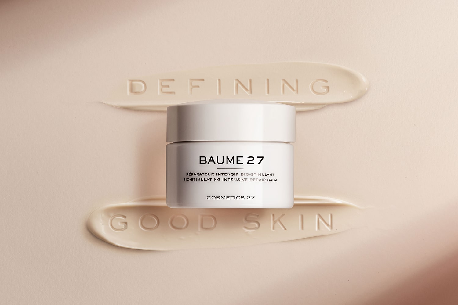Cosmetics 27 Baume 27 beauty shot with swatches and text "Defining Good Skin".