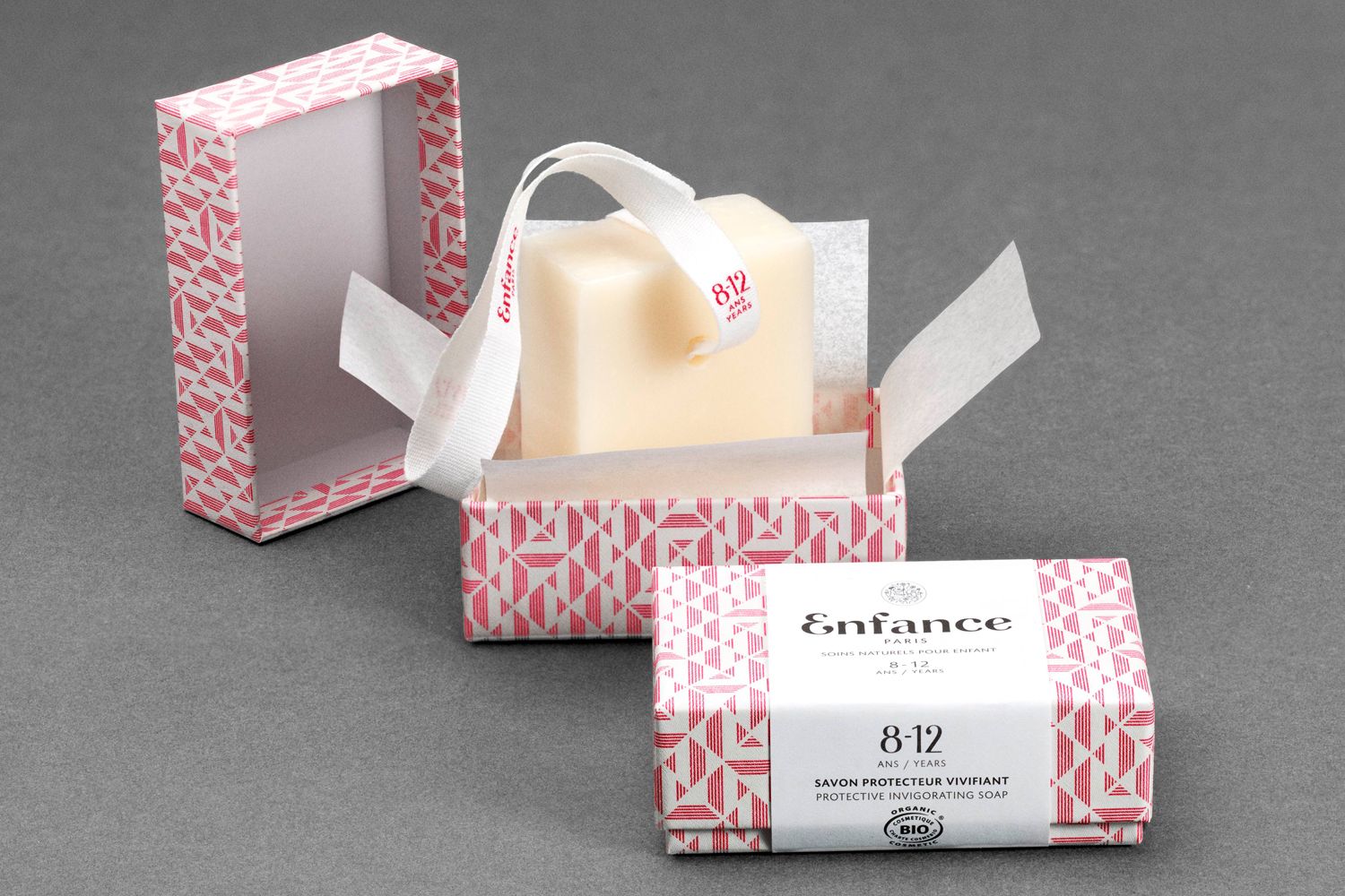 Enfance Paris Protective Soap (Invigorating) shown in open box and closed