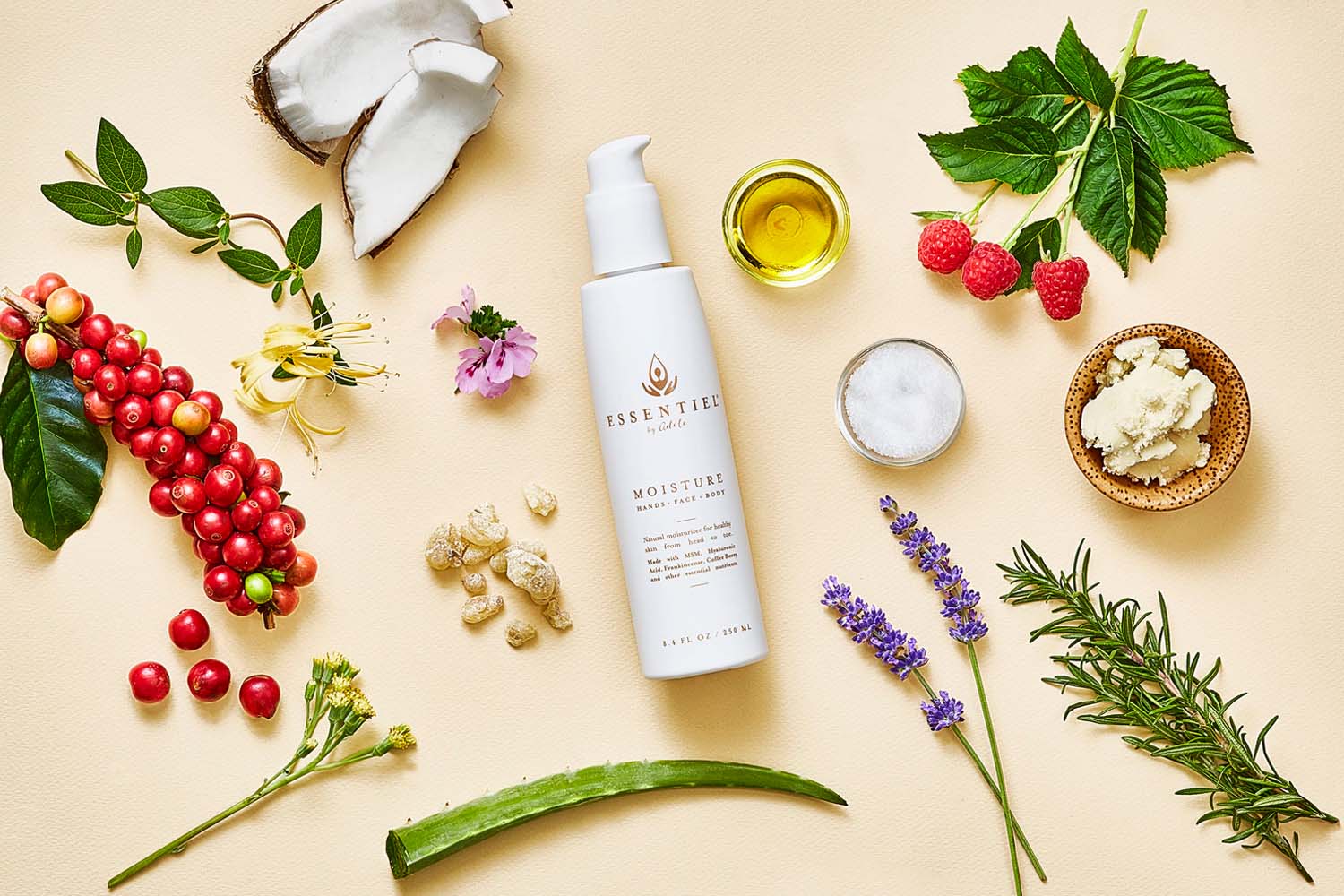 Essential by Adele Essential Moisture with ingredients surrounding bottle