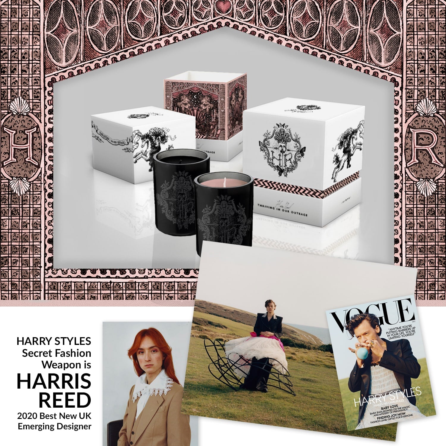 Lifestyle shot of the Harris Reed Collection of Scented Candles including Patchouli Fever and Charred Rose. Harry Styles Secret Fashion Weapon is HARRIS REED - 2020 Best New UK Emerging Designer (Headshot of Harris Reed included).