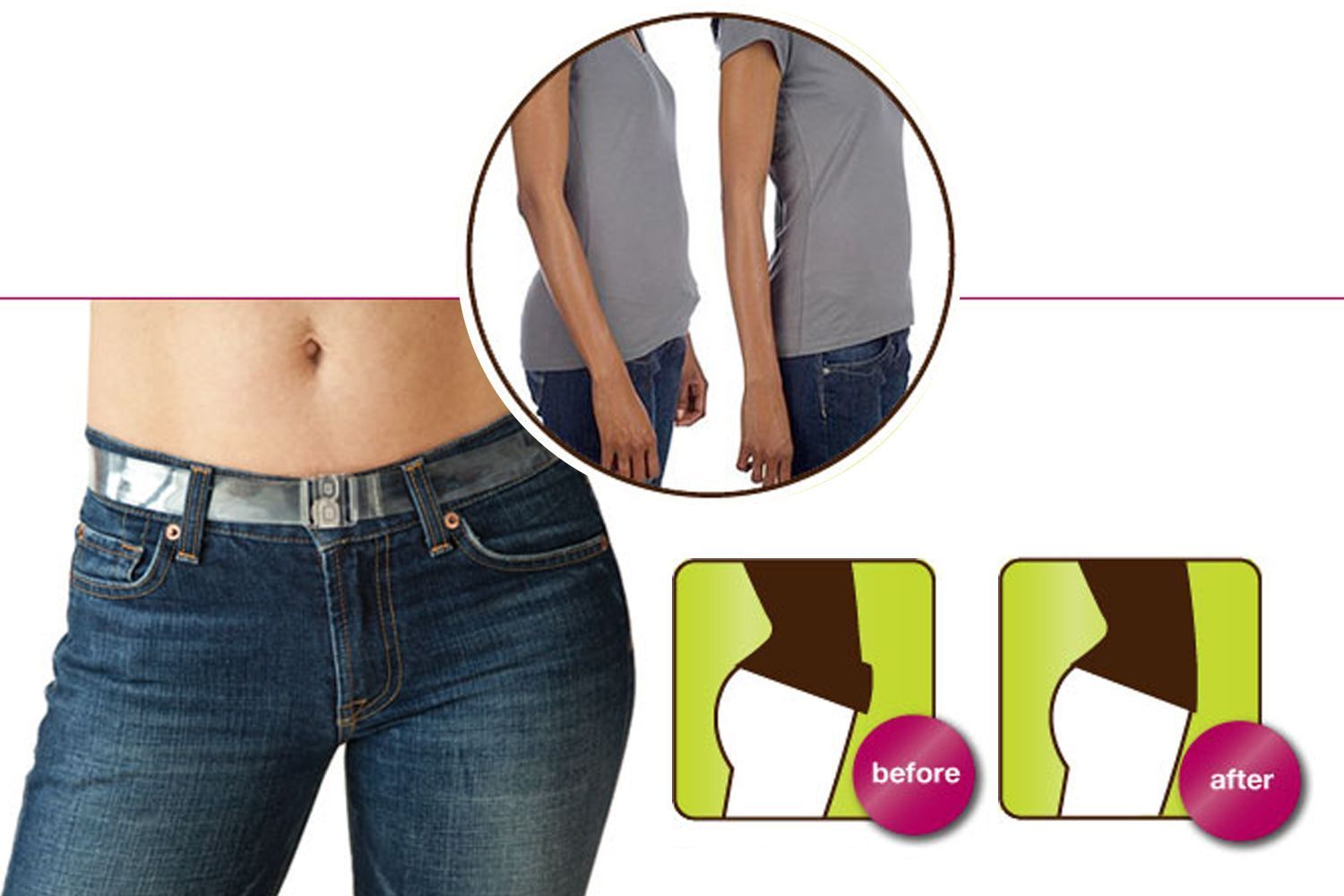 Model shown of torso and waistline and illustration of before and after use of Invisibelt All Belt No Bulk Naked Belt
