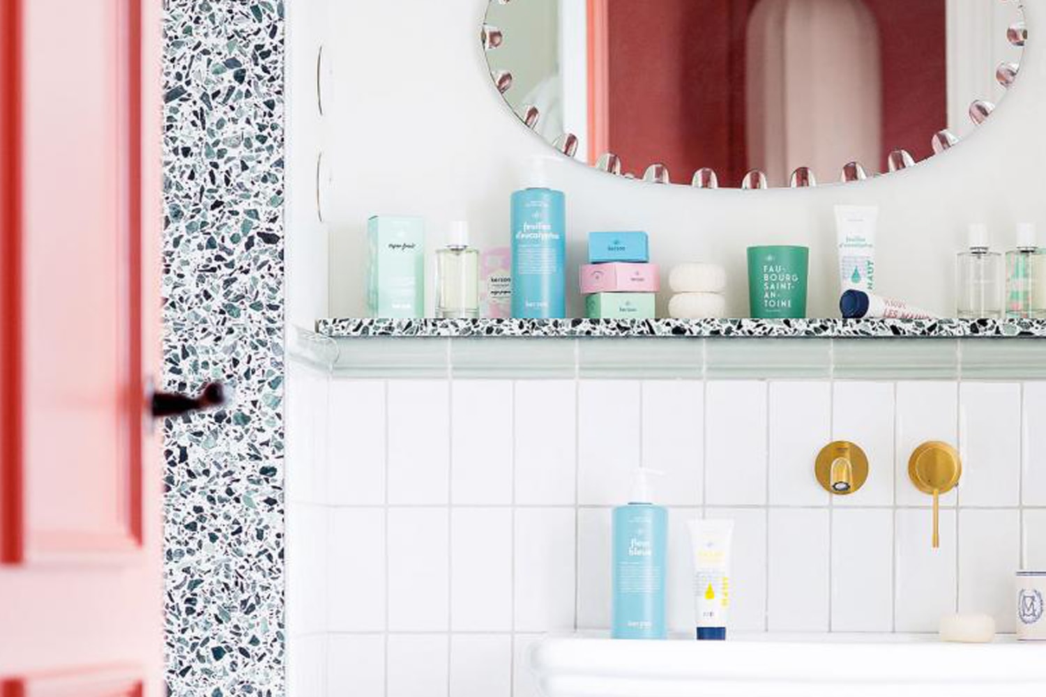 A selection of Kerzon products shown in a bathroom on shelf and sink