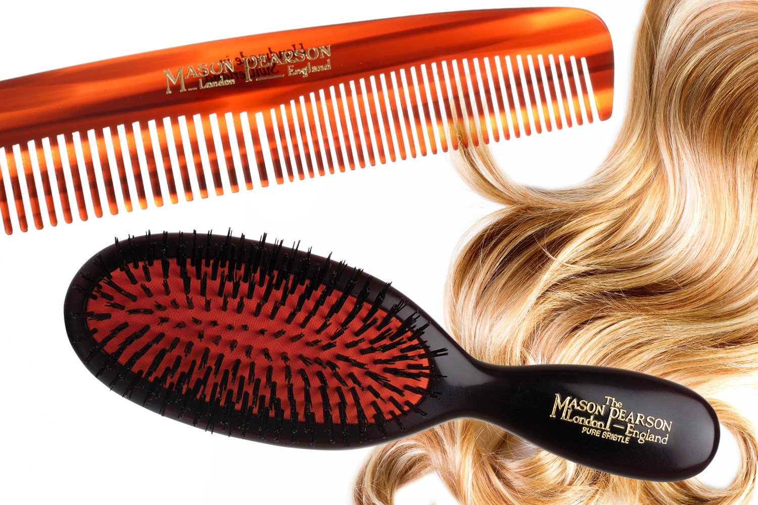 Mason Pearson comb and brush with beautiful blond hair in the background