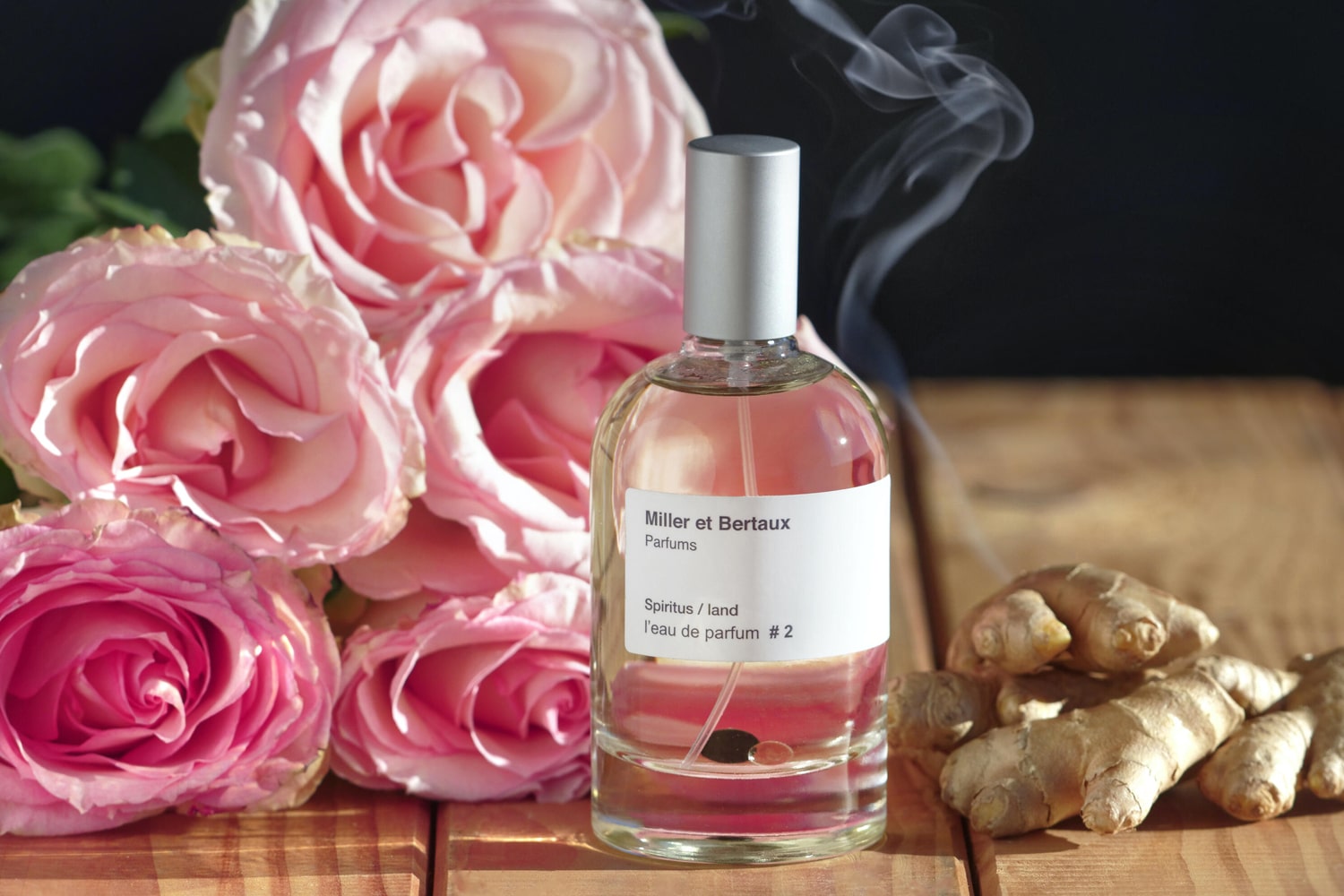 Miller et Bertaux #2 Eau de Parfum with pink roses and ginger in the background