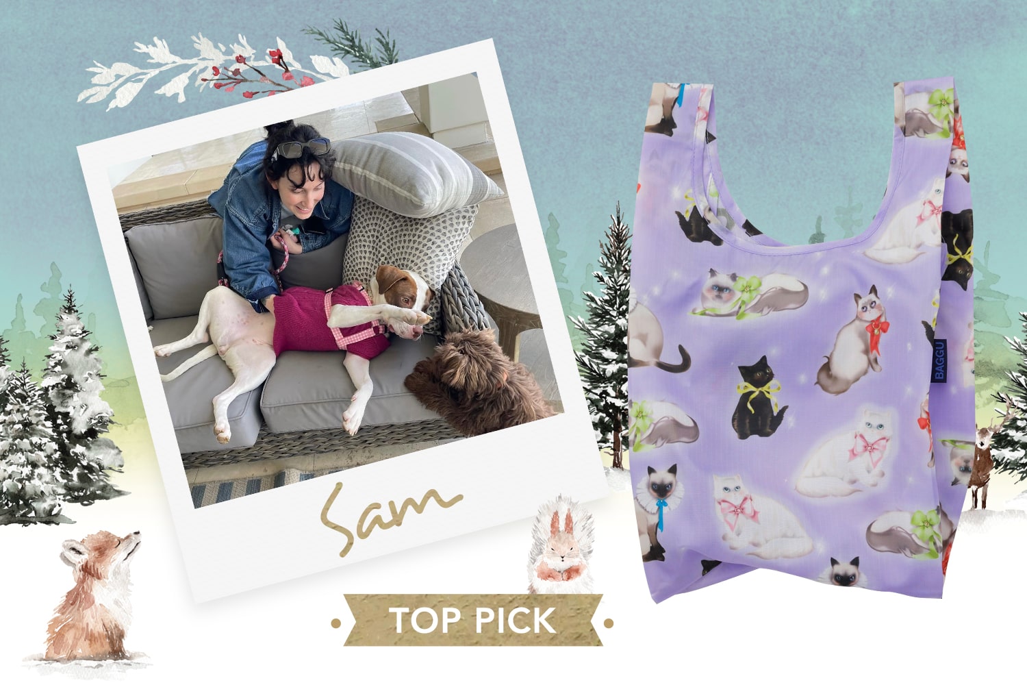 Polaroid picture of staff member Sam with seasonal art in background and her top pick product: Baggu Baby Baggu in Fancy Cats