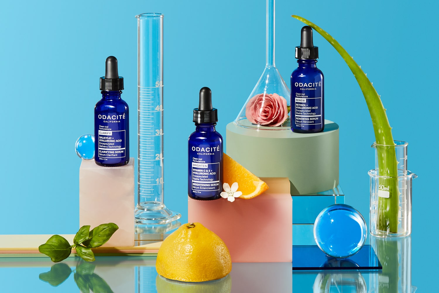 Lifestyle shot of a selection of Odacite Serums
