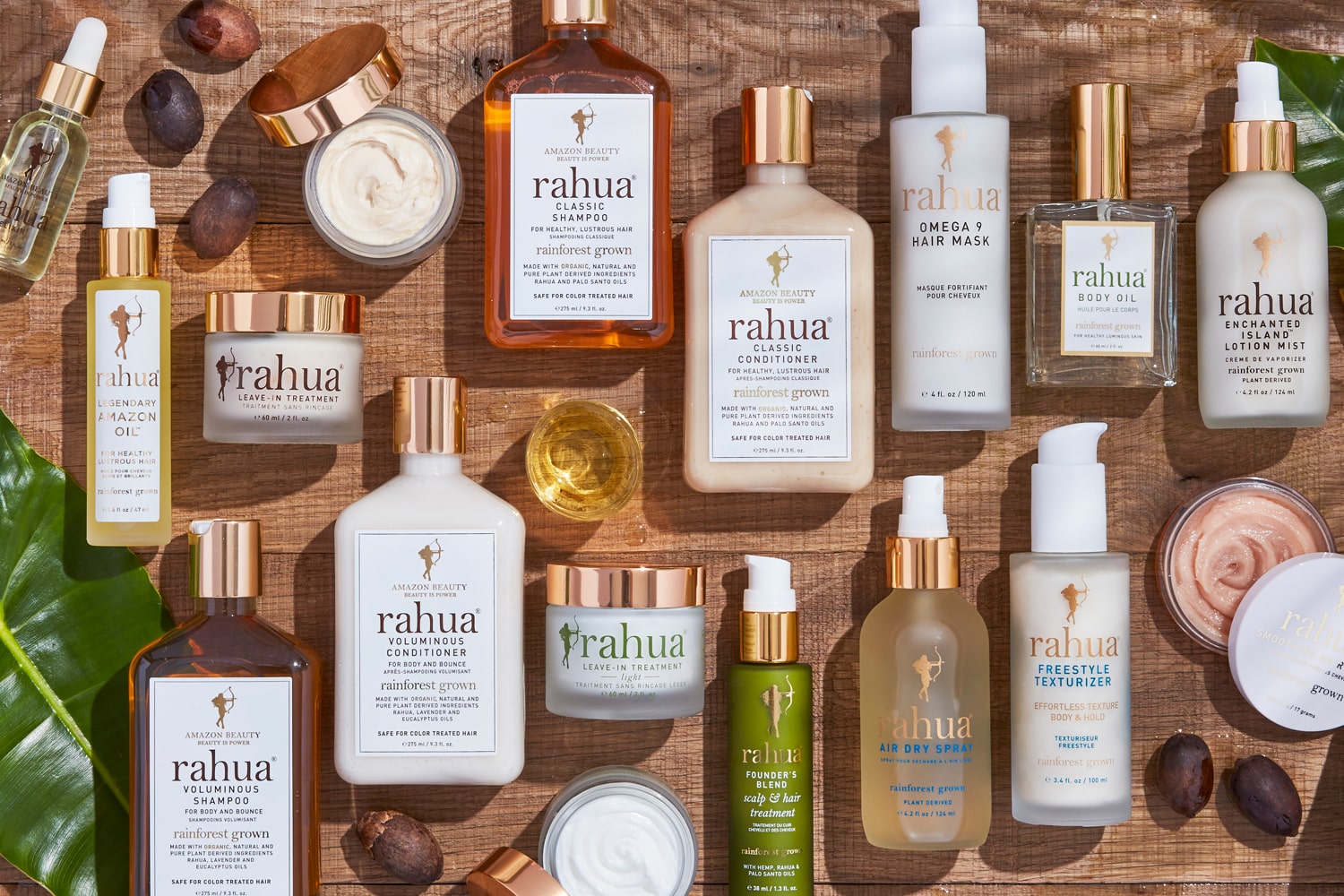 Lifestyle shot of a selection of Rahua by Amazon Beauty haircare products