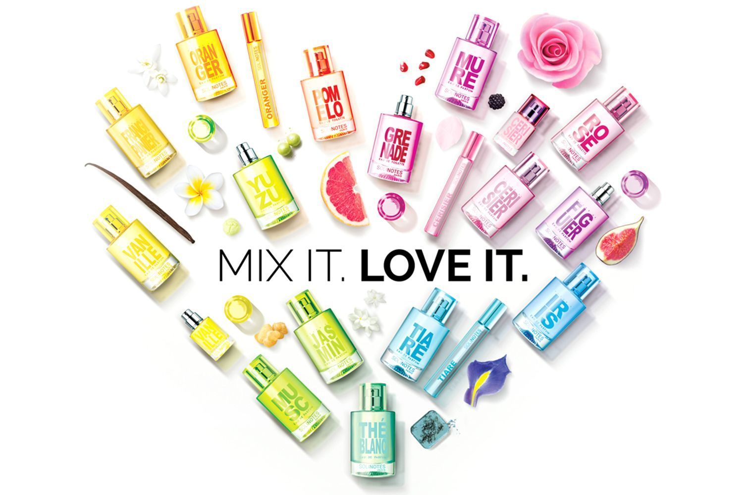 A selection of Solinotes Paris Eau de Parfums and Roll-ons in the shape of a heart with "Mix it. Love it" text in the center of the heart 