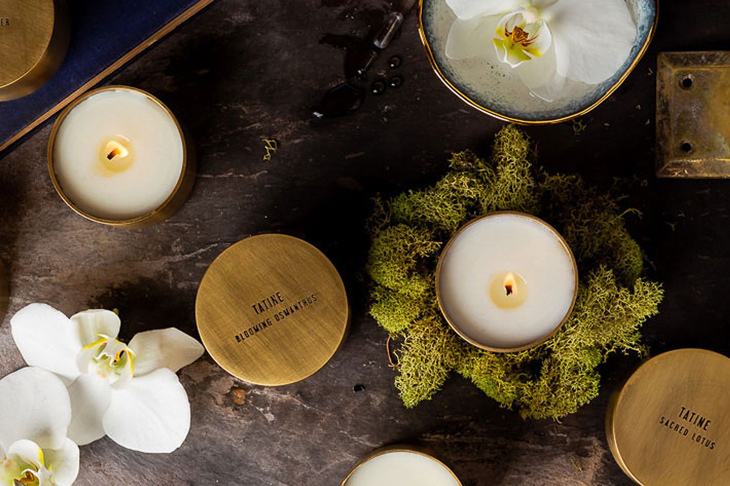 Beauty shot of top view of Tatine Candles and lids with white orchids and moss.