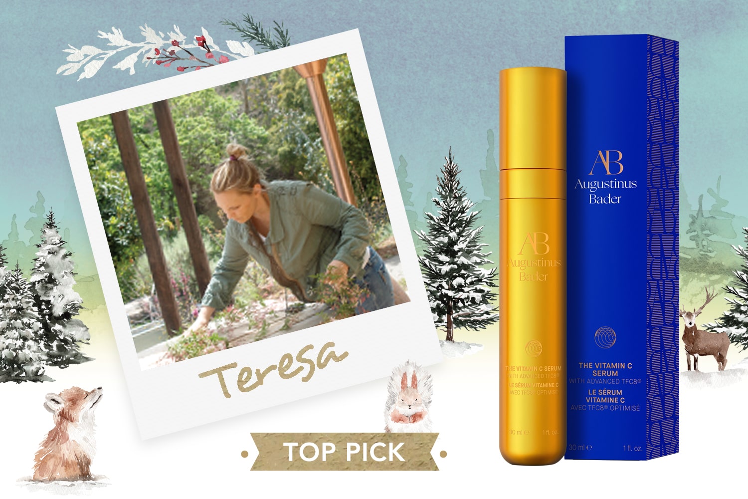 Polaroid picture of staff member Teresa with seasonal art in background and her top pick product: Augustinus Bader The Vitamin C Serum